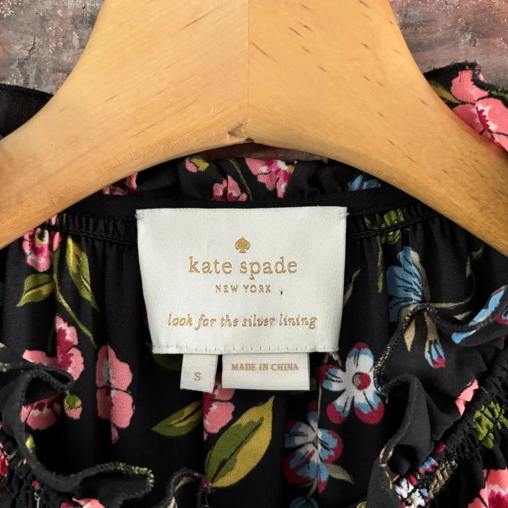 Kate Spade Black Floral Smock Waist Dress, S